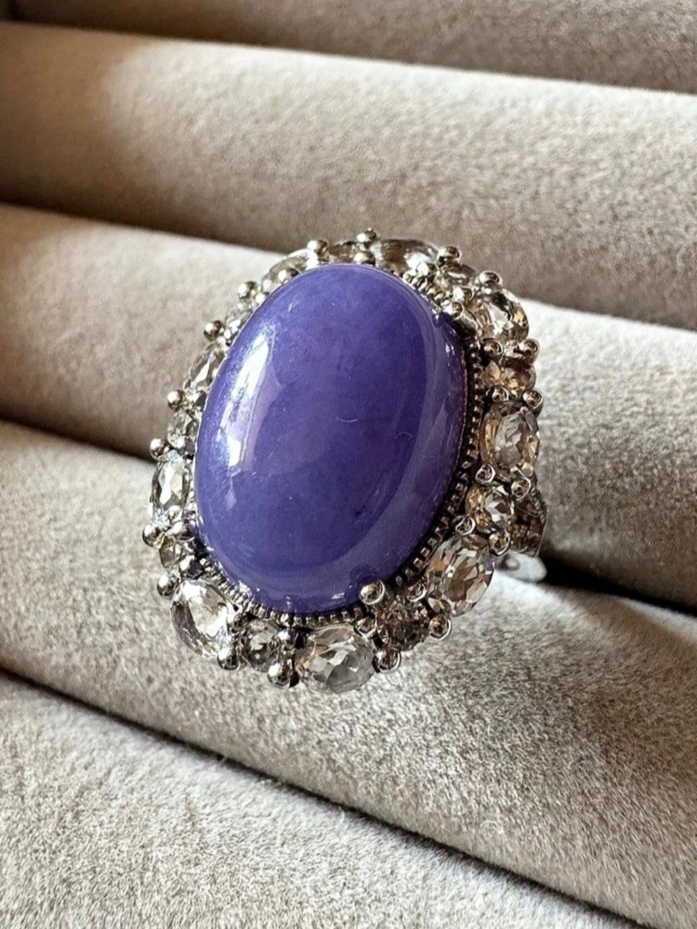 925 Sterling Silver Large Lavender Purple Cabochon Clear Stone Halo Ring Size 8